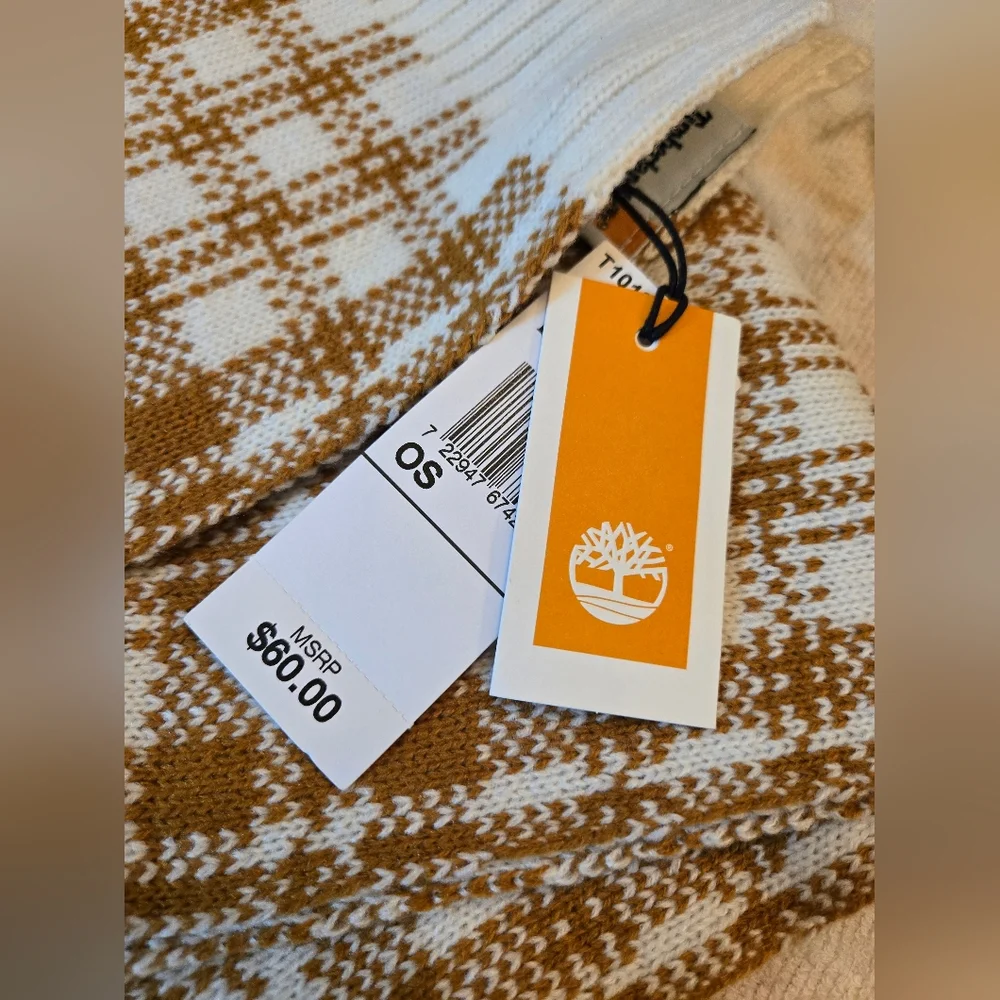 Timberland Gold And Cream Acrylic Plaid Scarf - New With‎ Tags - Cozy Knit